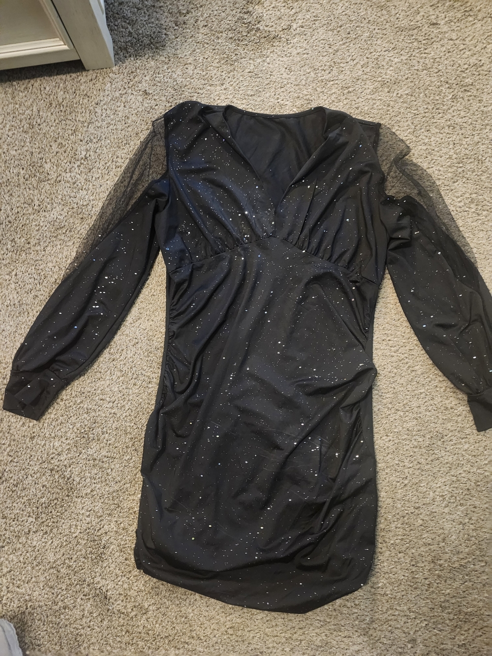 Black Sparkle Long-Sleeve V-Neck Women's Dress